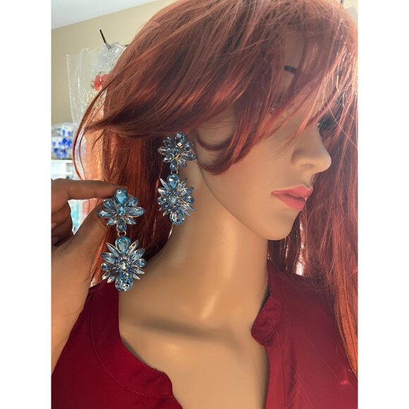 blue rhinestone earrings baby blue statement long big large crystal earrings - Picture 5 of 9